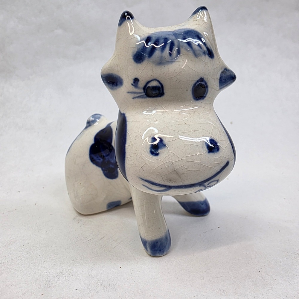 Delft Winking Cow Figurine Blue White Hand Painted Vintage Ceramic Holland Dutch